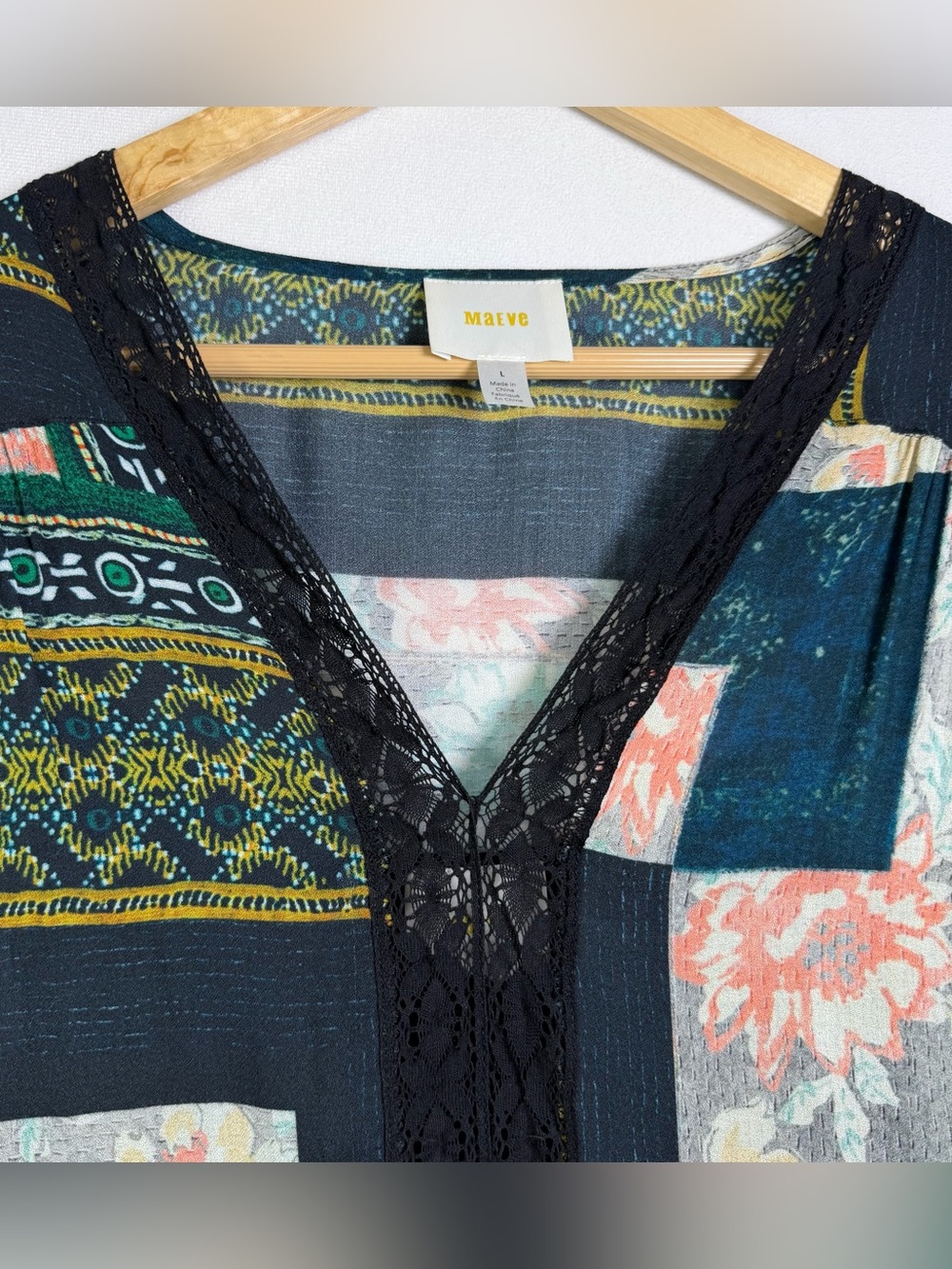 Maeve Anthropologie L Patchwork Floral Dress Lace Bell Sleeve Boho Whimsigoth - Picture 5 of 9
